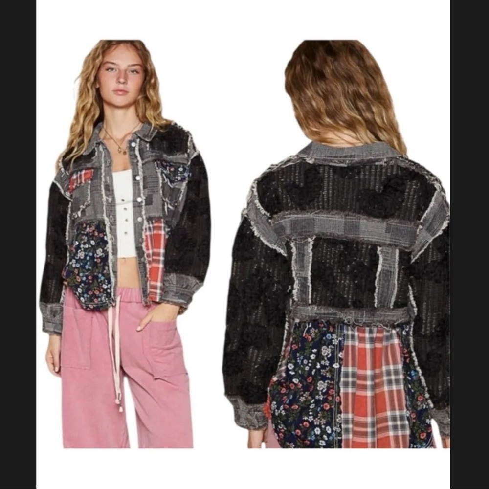 POL Patchwork Jean Jacket in Black, Gray, Red and Navy